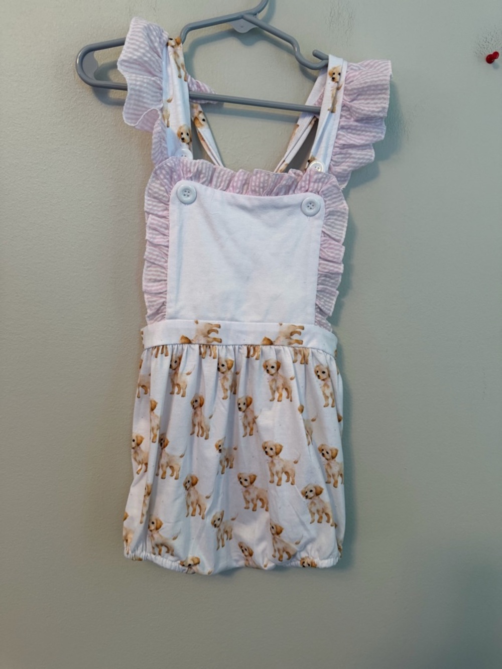 Emi Claire White & Light Pink Puppy Print Ruffle Bubble